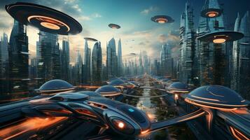 Flying Car Cityscape. Generative AI photo