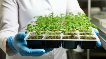 Geneticist holding tray of mutated plant samples. Generative AI photo