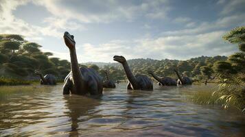 Apatosaurus herd wading through river. Generative AI photo