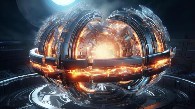 Futuristic nuclear fusion concept with stellarator design. Generative AI photo