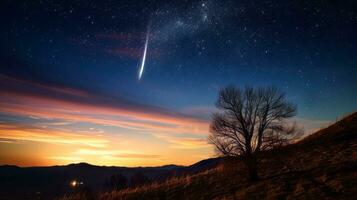 Lone tree is silhouetted against the night sky. Generative AI photo