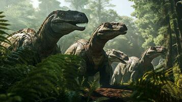 iguanodon grupo hojeada helechos en bosque. generativo ai foto