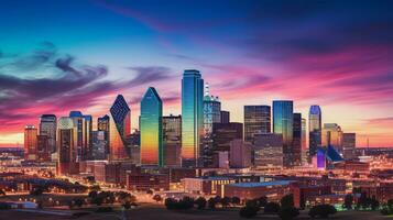 Vibrant cityscape illuminated by a stunning sunset. Generative AI photo