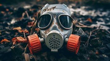 Close up of gas mask in a polluted environment. Generative AI photo