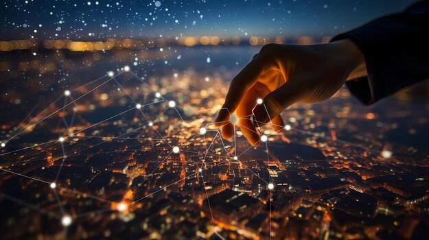 Person's hand touching a network over a city at night. Generative AI photo