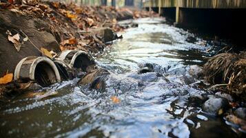 Close up of polluted storm drain with litter. Generative AI photo