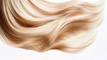 Close up of long, flowing blonde hair on white. Generative AI photo