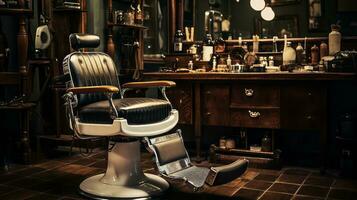 Barber's chair and vintage tools. Generative AI photo