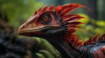 Dilophosaurus with distinctive crests. Generative AI photo