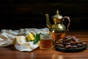 preparando Ramadán iftar un té maceta, fechas, y tradicional comida en de madera antecedentes ai generado foto