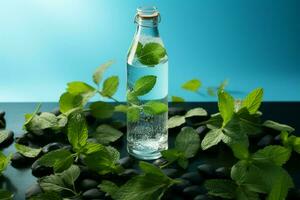 Refreshing water in a bottle, garnished with ice cubes and fresh mint leaves AI Generated photo