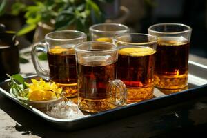 Serving elegance Black tea in glasses, arranged meticulously on a stylish tray AI Generated photo