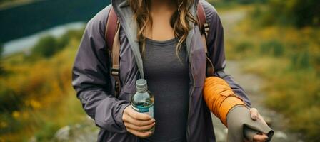 Windbreaker clad tourist girl holds a water bottle, ready for her adventure AI Generated photo