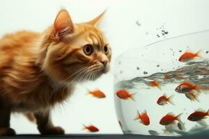 un juguetón rojo gato disfruta persiguiendo un oro decorativo pescado en un redondo acuario ai generado foto