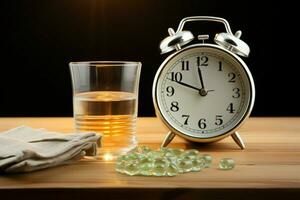 de madera mesa sostiene alarma reloj, pastillas, y un vaso de agua ai generado foto