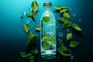 A thirst quenching blend Bottled water, ice cubes, and vibrant mint leaves AI Generated photo