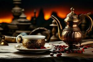 Amidst the desert sands, an Arab teapot, cup, and dates stand AI Generated photo