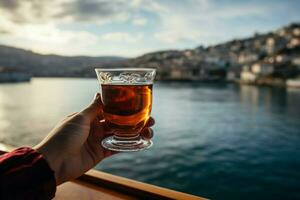 A woman sips Turkish tea with the Bosphorus Bay as her backdrop AI Generated photo