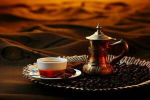 negrita y aromático árabe negro café, un tradicional elaborar cerveza de Rico sabores ai generado foto