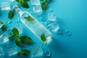 Chilled water adorned with ice cubes and a touch of invigorating mint AI Generated photo