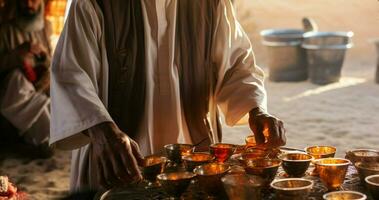 Experience Bedouin culture through a welcoming tea ceremony in Sinai, complete with almonds and mugs AI Generated photo