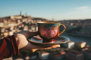 mano cunas un taza de tradicional turco té, con vista a el icónico Estanbul, Turquía ai generado foto