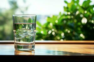 Hydration at its finest A glass of crystal clear water on wooden flooring AI Generated photo