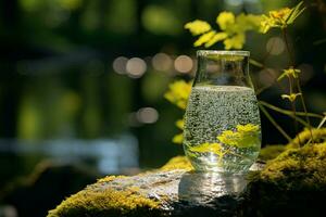 Forest serenity meets mineral water refreshment, the essence of a summer spa AI Generated photo