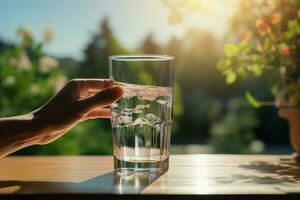 en armonía con naturaleza, manos agarrar lentes de agua en un soleado mesa ai generado foto