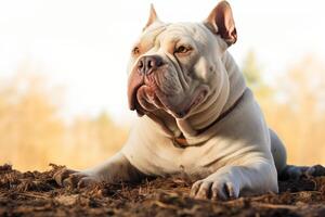 In solitude, a majestic white American Bully dog showcases its unique charm AI Generated photo