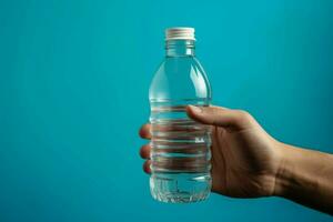 Isolated hand grips a bottle of mineral water against a blue background AI Generated photo