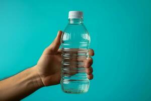 Isolated hand grips a bottle of mineral water against a blue background AI Generated photo