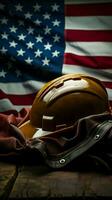 American flag waves by helmet and tools, embodying Labor Days essence Vertical Mobile Wallpaper AI Generated photo