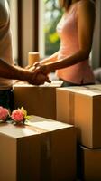 Exciting relocation Close-up captures couple's hands clutching moving boxes in new residence. Vertical Mobile Wallpaper AI Generated photo