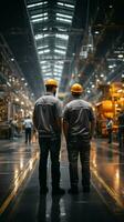 Factory colleagues converse while strolling through vast production hall, fostering camaraderie Vertical Mobile Wallpaper AI Generated photo