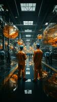 Factory workers converse, weaving connections as they walk through expansive production hall Vertical Mobile Wallpaper AI Generated photo