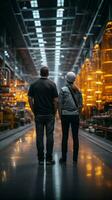 Factory colleagues converse while strolling through vast production hall, fostering camaraderie Vertical Mobile Wallpaper AI Generated photo