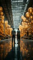 Factory workers converse, weaving connections as they walk through expansive production hall Vertical Mobile Wallpaper AI Generated photo