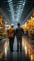 Factory colleagues converse while strolling through vast production hall, fostering camaraderie Vertical Mobile Wallpaper AI Generated photo