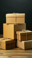 Artful trio Unlabeled craft cardboard boxes elegantly arranged in white-walled studio. Vertical Mobile Wallpaper AI Generated photo