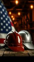 Labor Day scene Tools, helmet, and flag mirror American dedication and pride Vertical Mobile Wallpaper AI Generated photo