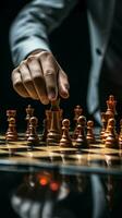 Selective focus Mans hand in chess play, metaphorically guiding strategic business decisions Vertical Mobile Wallpaper AI Generated photo