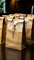 Rustic packaging Brown paper bags placed artfully on the tabletop. Vertical Mobile Wallpaper AI Generated photo
