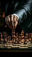Selective focus Mans hand in chess play, metaphorically guiding strategic business decisions Vertical Mobile Wallpaper AI Generated photo