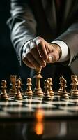 Selective focus Mans hand in chess play, metaphorically guiding strategic business decisions Vertical Mobile Wallpaper AI Generated photo