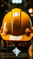 amarillo casco tomado apagado por constructor, frente vista, con un luminoso fondo vertical móvil fondo de pantalla ai generado foto
