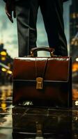 Business magnate gripping classic briefcase, a symbol of corporate prowess Vertical Mobile Wallpaper AI Generated photo