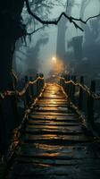 Enigmatic trails fog draped wooden walkways lead through an atmosphere of mystery Vertical Mobile Wallpaper AI Generated photo