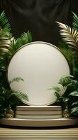 Exquisito exposición 3d prestados blanco oro podio con palma hojas, Perfecto para producto monitor vertical móvil fondo de pantalla ai generado foto