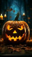 Festive glow jack o lantern pumpkin head on wood backdrop evokes Halloween spirit Vertical Mobile Wallpaper AI Generated photo